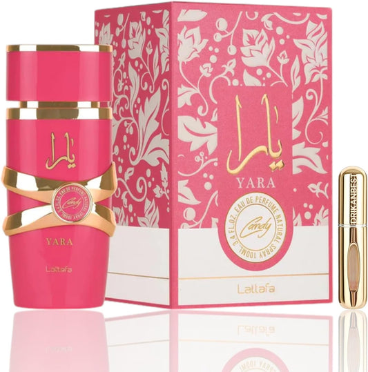 Perfume Yara Candy, perfume árabe (ORIGINAL) perfume afrutado,dulce,avainillado 100 ml+REGALO Atomizador 5ml DRIKANBEST( Para Mujer)
